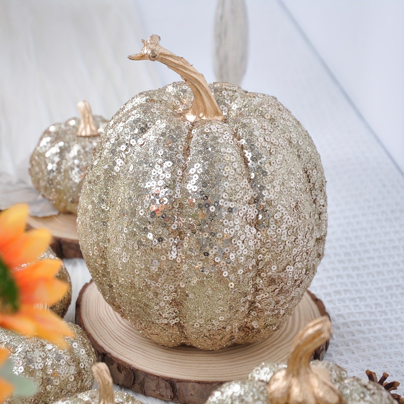 4pcs of Shiny Champagne-Colored Artificial Pumpkins - Multi-Sized Indoor Thanksgiving Decorations, Suitable for Placement on Fireplace Stands And Tabletop Centers, Perfect for Festive Occasions, Essential for Halloween And Christmas Celebrations - Image 2