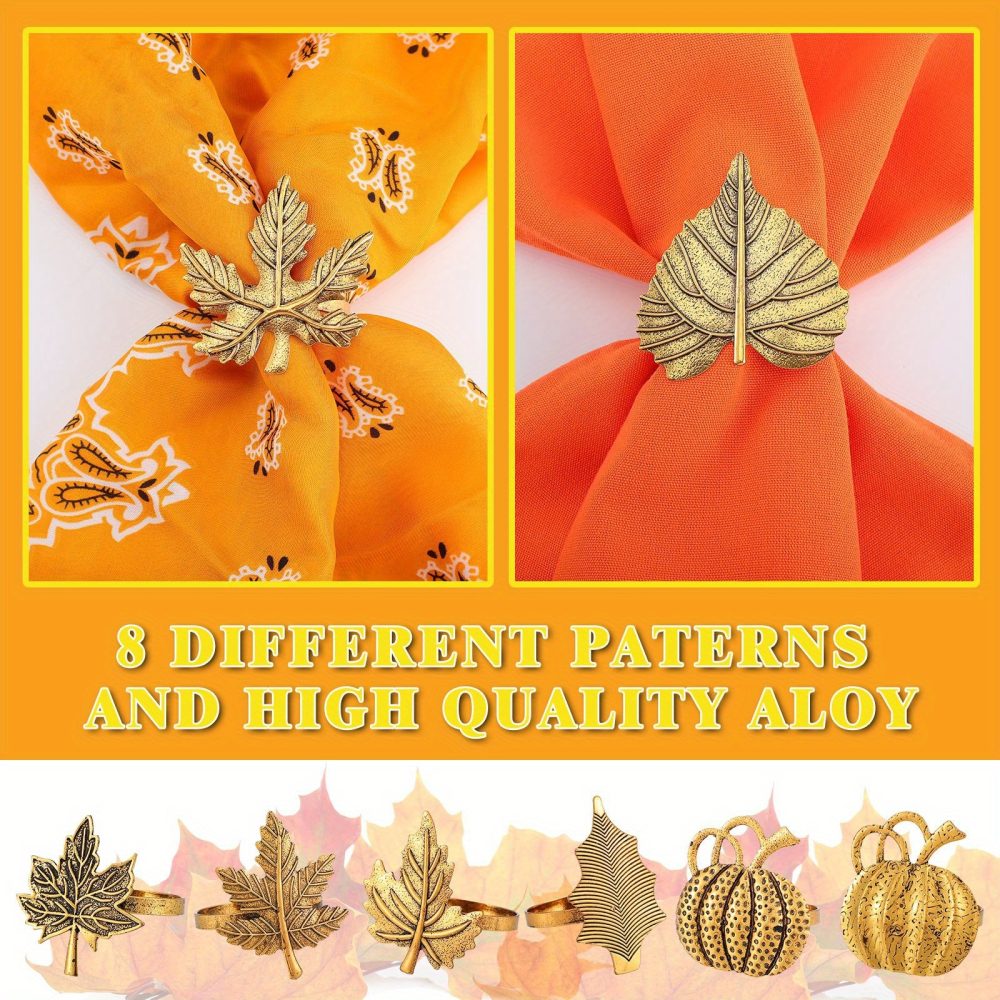 [Thanksgiving Napkin Rings] 12pcs Thanksgiving Napkin Rings Set | Pumpkin Themed, Fall Leaf Design, Alloy Holders for Halloween, Home Party, Table Decor, Wedding Supplies (Classic, Golden) - Image 2