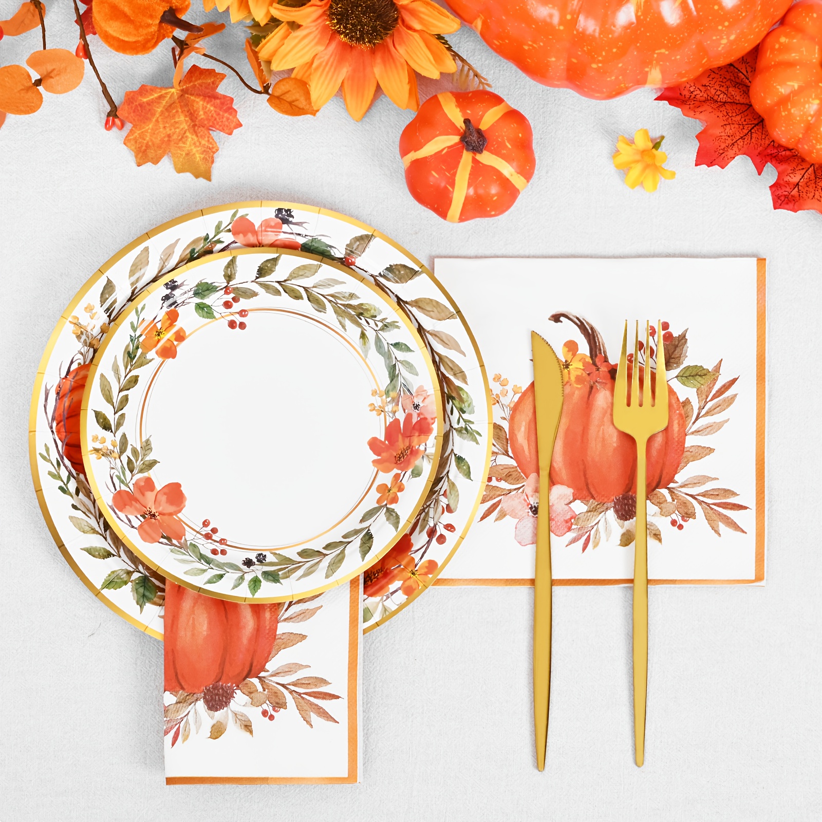 60/180/300pcs Elegant Watercolor Pumpkin Wreath Fall Tableware Set - Autumn Harvest Plates & Napkins in Orange, Brown, Green, Pink, Beige - Bulk Disposable Dinnerware for Thanksgiving, Halloween, Christmas, Weddings, Birthdays, Minimalist Party Decorations (7in & 9in Plates) - Easy Cleanup, Versatile for Casual & Formal Events
