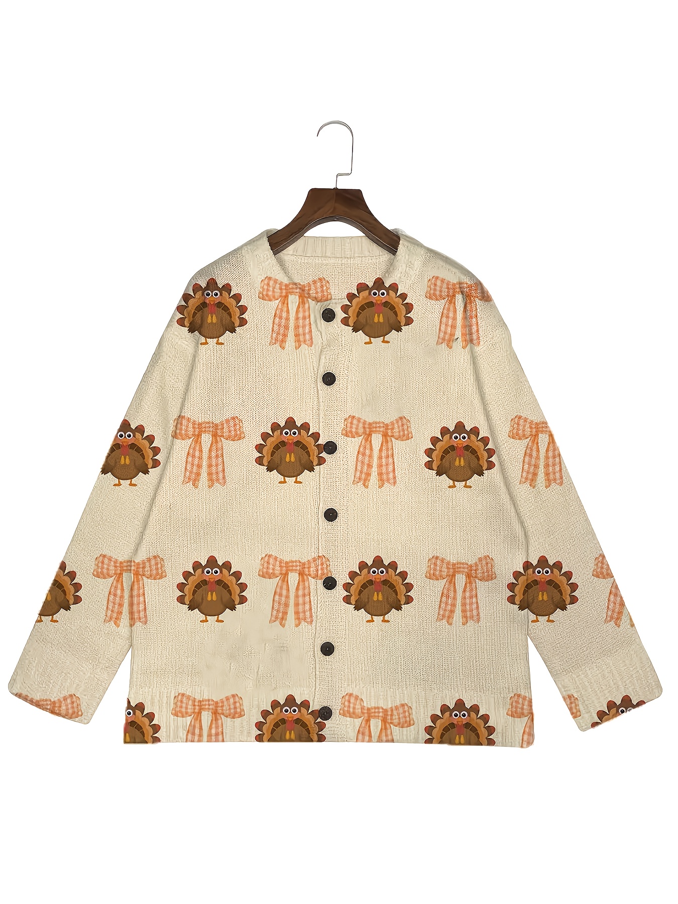 Women's Soft Cardigan Sweater - Long Sleeve Button Front Closure, Loose Fit H-Line Silhouette with 3D Turkey & Checkered Bow Print - Beige//Orange/Brown Fall Thanksgiving Outfits - Machine Washable Sweater for Women, Cute Sweater, Winter Cardigan for Women High Quality, Cardigan with Design, Sweatshirts for Women, Women Sweaters - Image 4