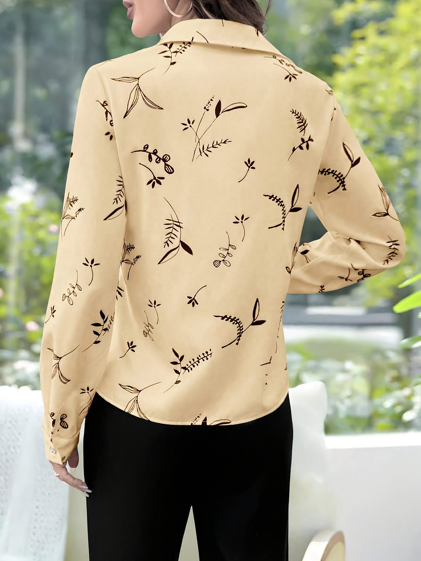 Women's Elegant Casual Floral Print Long-Sleeve Shirt with Collar - Mustard-Yellow & Brown Leaf Pattern, All-Season Versatile Blouse for Office, Semi-Formal & Casual Attire, Machine Washable Non-Stretch Fabric - Image 5