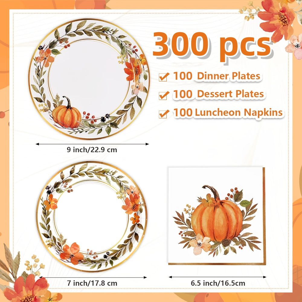 60/180/300pcs Elegant Watercolor Pumpkin Wreath Fall Tableware Set - Autumn Harvest Plates & Napkins in Orange, Brown, Green, Pink, Beige - Bulk Disposable Dinnerware for Thanksgiving, Halloween, Christmas, Weddings, Birthdays, Minimalist Party Decorations (7in & 9in Plates) - Easy Cleanup, Versatile for Casual & Formal Events - Image 7