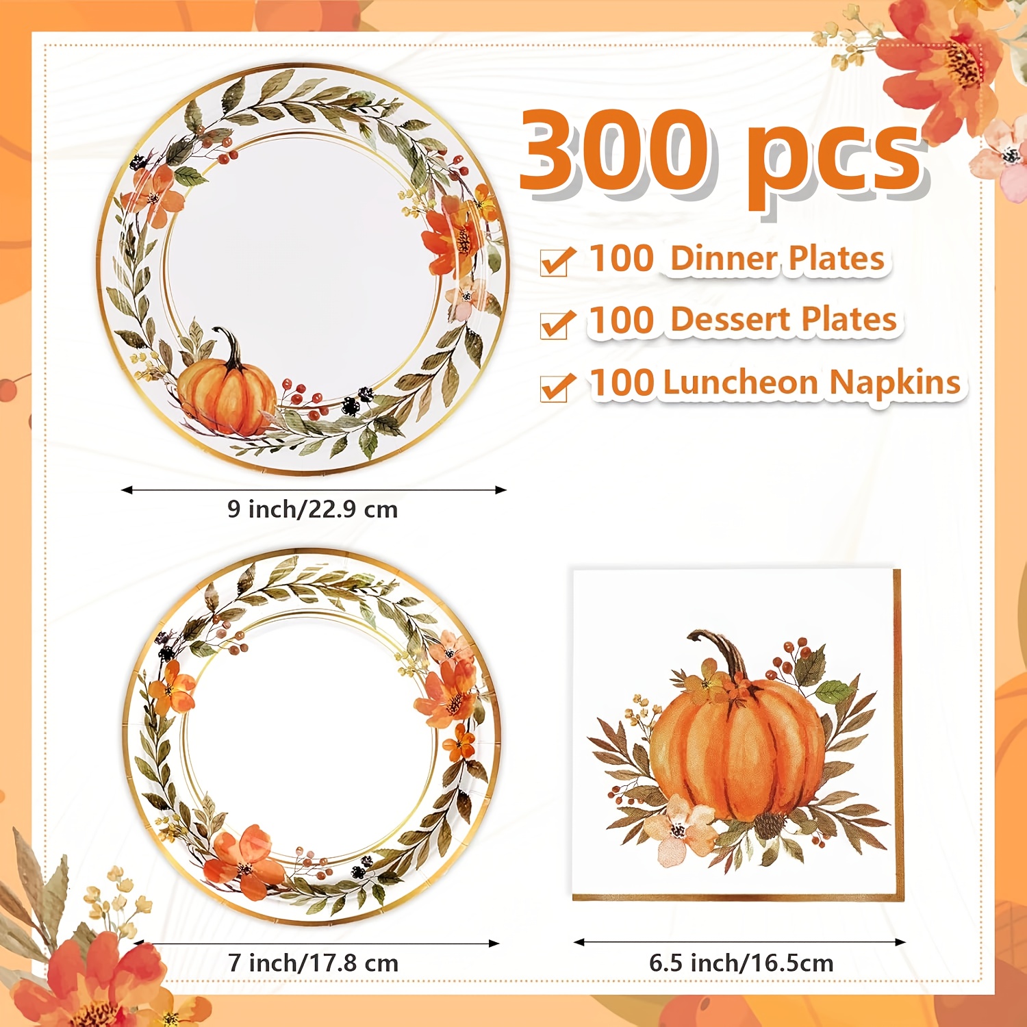 60/180/300pcs Elegant Watercolor Pumpkin Wreath Fall Tableware Set - Autumn Harvest Plates & Napkins in Orange, Brown, Green, Pink, Beige - Bulk Disposable Dinnerware for Thanksgiving, Halloween, Christmas, Weddings, Birthdays, Minimalist Party Decorations (7in & 9in Plates) - Easy Cleanup, Versatile for Casual & Formal Events - Image 7
