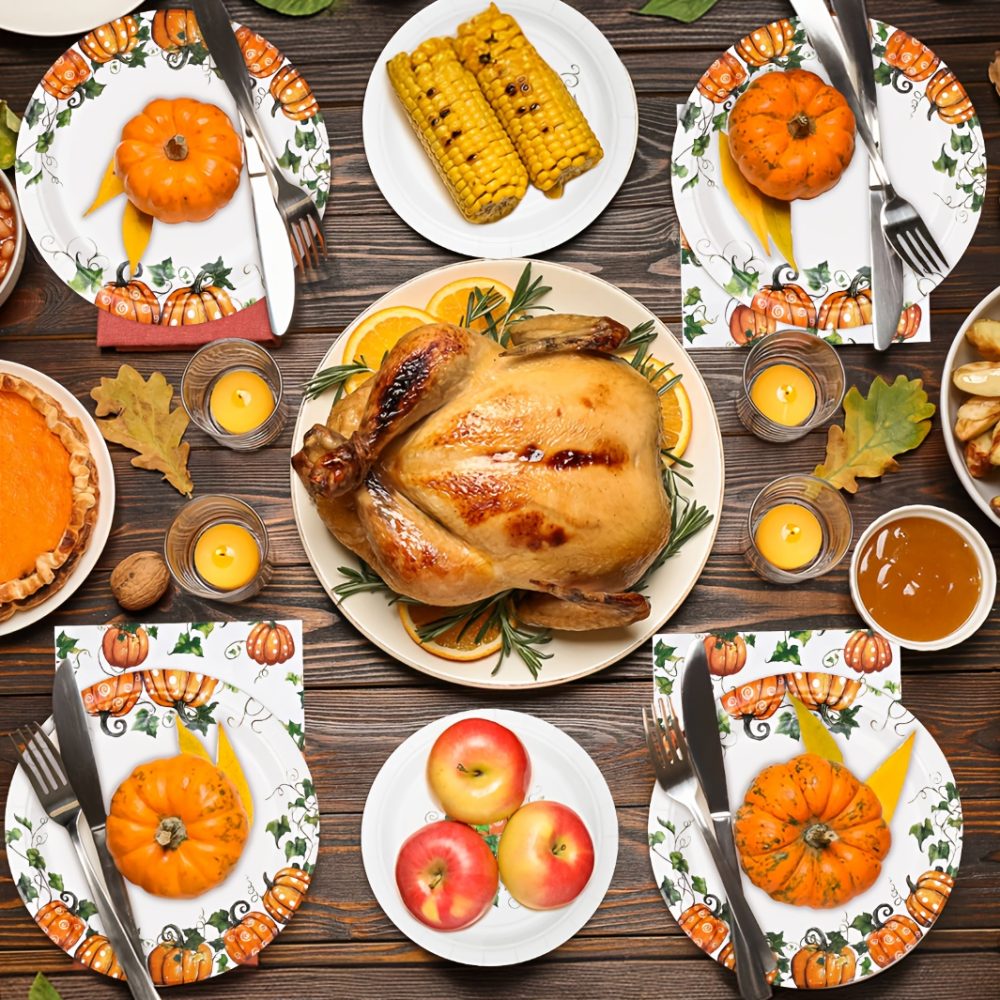 Fall Pumpkin Thanksgiving Autumn Harvest Party Disposable Tableware(60/180/300pcs), Christmas, For Wedding Birthday Celebration, Holiday Party Cartoon Vintage Decoration Set (7in Dessert Plates+9in Dinner Plates+napkins). - Image 5