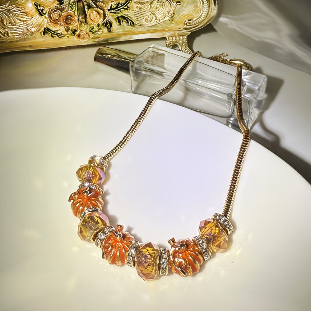 1pc Vintage-Inspired Enamel Pumpkin Beaded Necklace - 18K Golden Plated, Orange & White Glass Beads, Perfect for Thanksgiving & Holiday Parties, Ideal Gift for Women, Festive Accessory|Vintageinspired Design|Zinc Alloy Necklace - Image 2