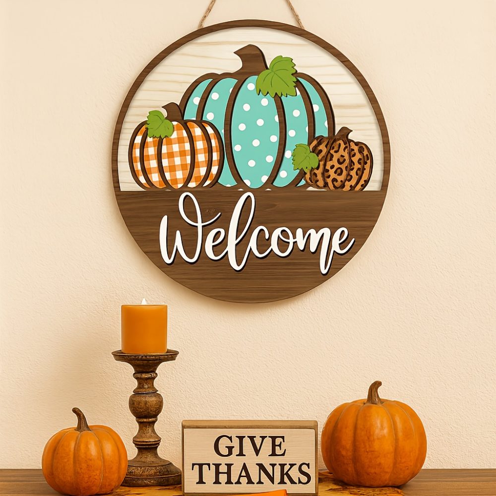 Fall Welcome Sign - Pumpkin & Maple Leaf Door Hanging Decor with Welcome Message - Farmhouse Thanksgiving Decoration - Artificial Wood Indoor/Outdoor Decoration - No Electricity Needed - Housewarming Gift for Front Door, Porch, Home - Autumn Harvest Decorations, Seasonal Home Accents, Rustic Charm, Handcrafted Look, Holiday Ornament, Holiday Shoppers, Fall Florals - Image 3