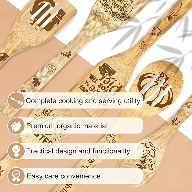 6pcs Thanksgiving Bamboo Cooking Utensil Set with Ceramic Holder - Engraved Spoons & Spatulas, Fall Kitchen Decor with Turkey Design, Holiday Gift Set for Thanksgiving - Image 5