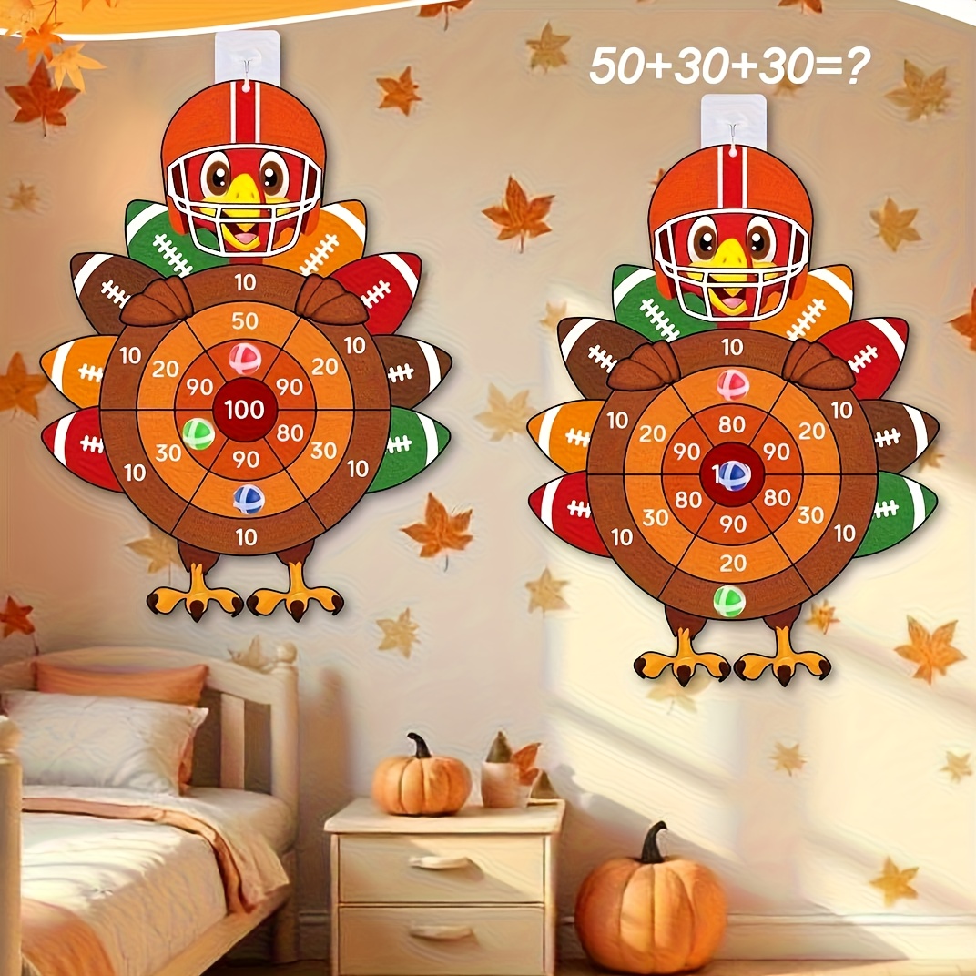 2pcs Thanksgiving Turkey Dart Board Game Set with 6 Sticky Balls & 2 Hooks - Party Game with Numbered Scoring Zones, Indoor/Outdoor Family Party Game for Adults &, Fall Turkey Bowl Party Decorations, Durable Fabric Board with Hanging Hooks for Easy