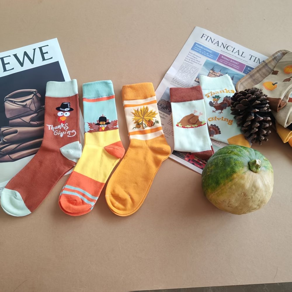 10 Pairs/5 Pairs Halloween Thanksgiving Turkey Pumpkin Socks - Unisex Mid-Calf Socks with Festive Animal & Food Patterns (Pumpkins, Turkeys, Pine Trees) - Soft Breathable Polyester for Men & Women - Perfect Gift for Halloween & Thanksgiving, Holiday Socks | Playful Holiday Design | Durable Socks, Halloween Decorations - Image 3