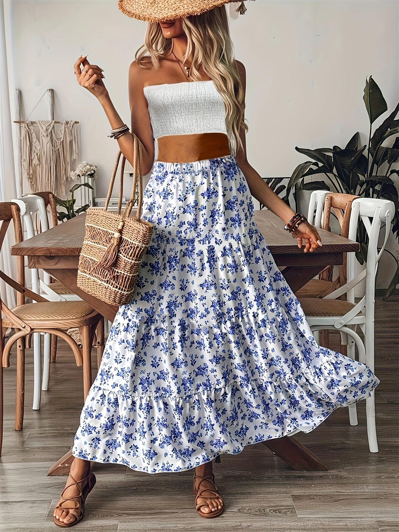 Women'S Elegant Floral Print Maxi Skirt - Blue & White Beach Vacation Skirt with Elastic Waist, Flowy Long Length, Machine Washable for Spring/Summer Casual Outfits, Summer Beachwear | Nontransparent Fabric