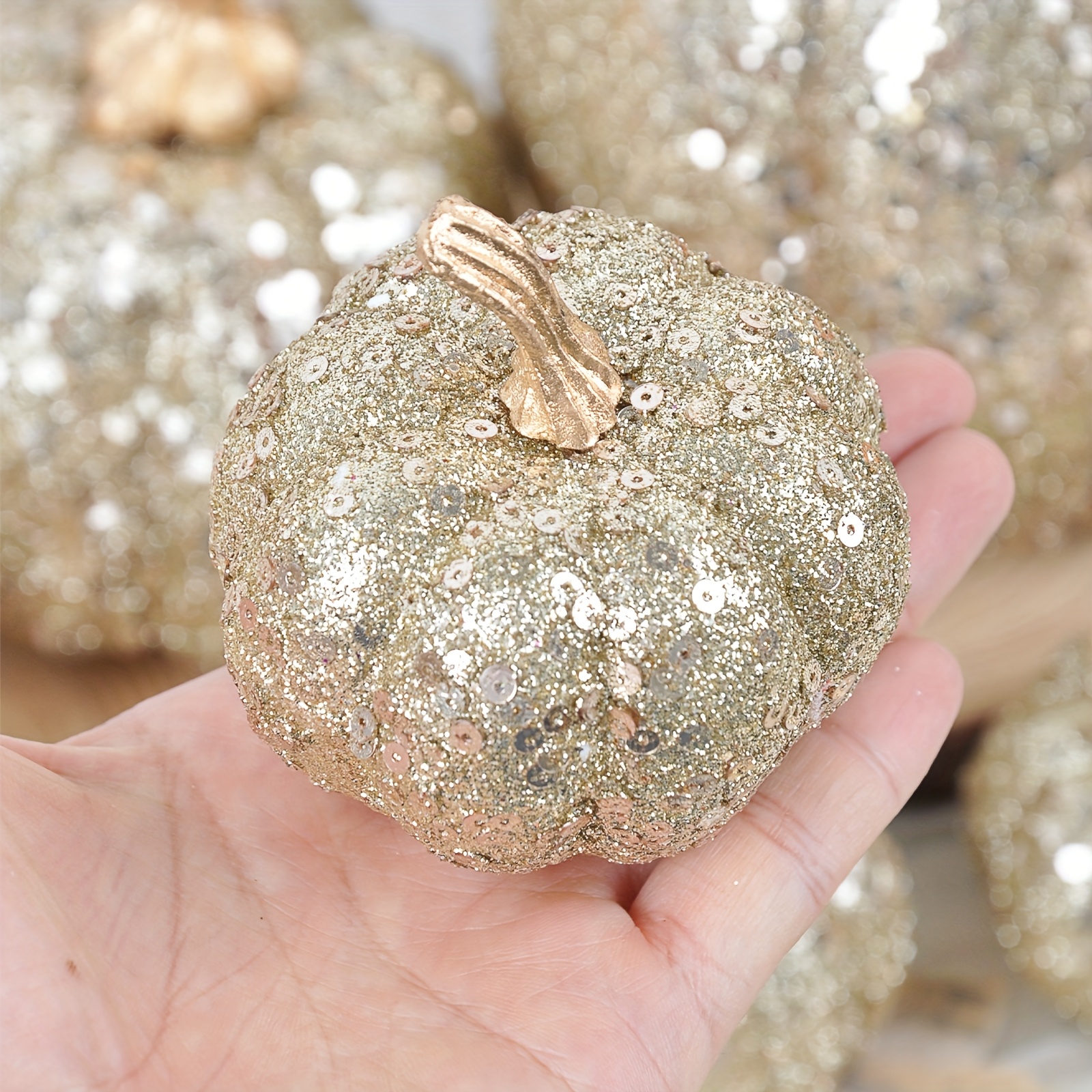 4pcs of Shiny Champagne-Colored Artificial Pumpkins - Multi-Sized Indoor Thanksgiving Decorations, Suitable for Placement on Fireplace Stands And Tabletop Centers, Perfect for Festive Occasions, Essential for Halloween And Christmas Celebrations - Image 5