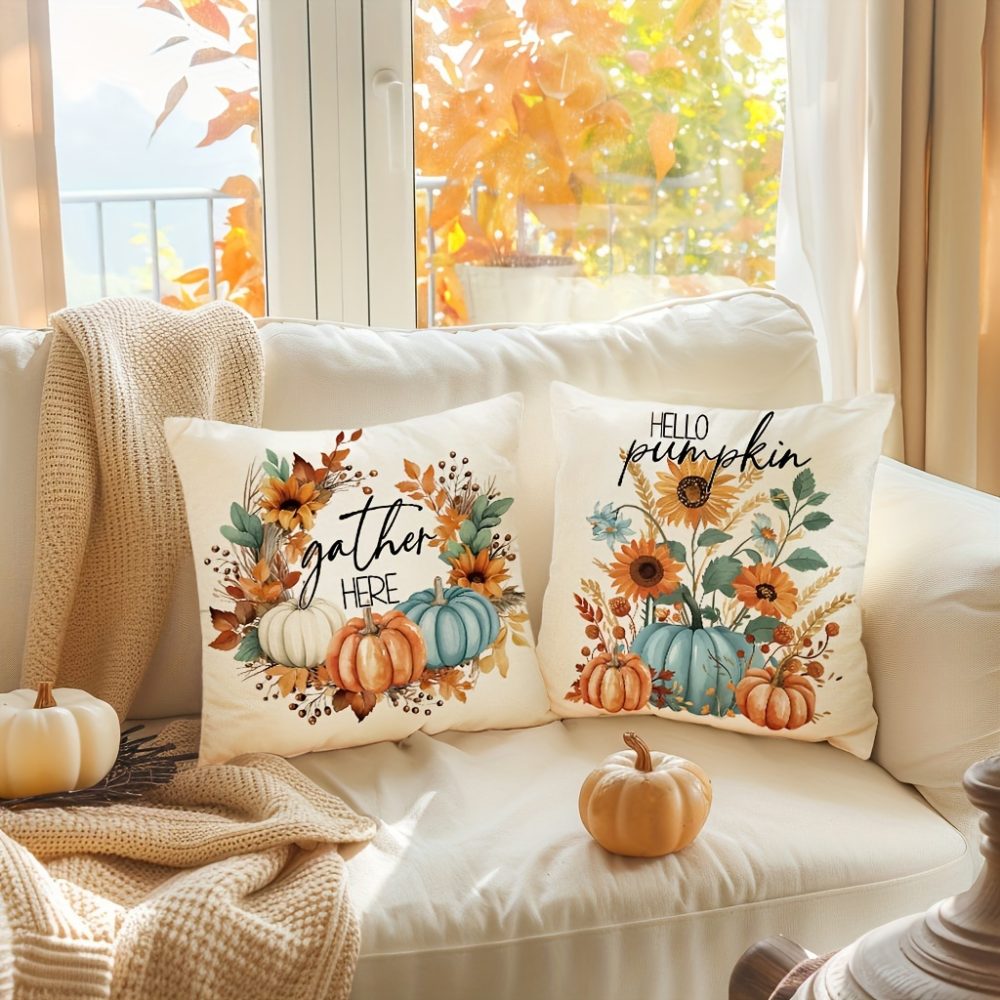 Set Of 4, Farmhouse Style Pumpkin Maple Leaf Throw Pillow Covers, Buffalo Plaid Thankful Blessed Sweet Home Patio Cushion Covers, Autumn Harvest Thanksgiving Day Home Patio Decor Pillowcases, for Indoor Outdoor Living Room Patio Yard Couch Sofa, No Pillow Inserts - Image 6