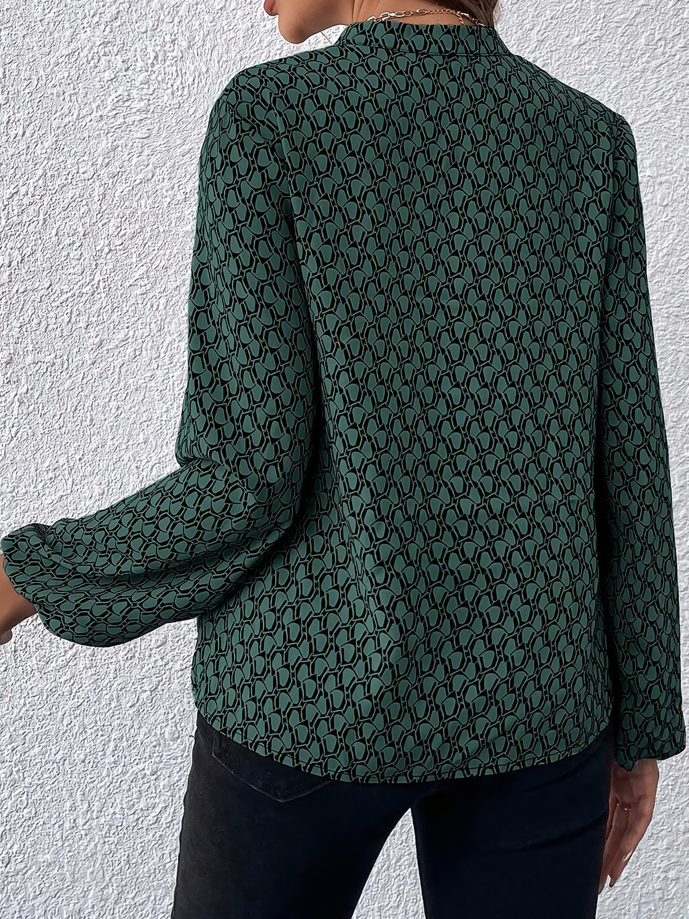 Women'S French-Inspired Geometric Print Long Sleeve Shirt - Elegant Stand-Up Collar Blouse with Single-Button Closure, Machine Washable Regular Fit for All Seasons, Casual Chic Top, Sophisticated Casual Wear, Nontransparent Fabric - Image 2