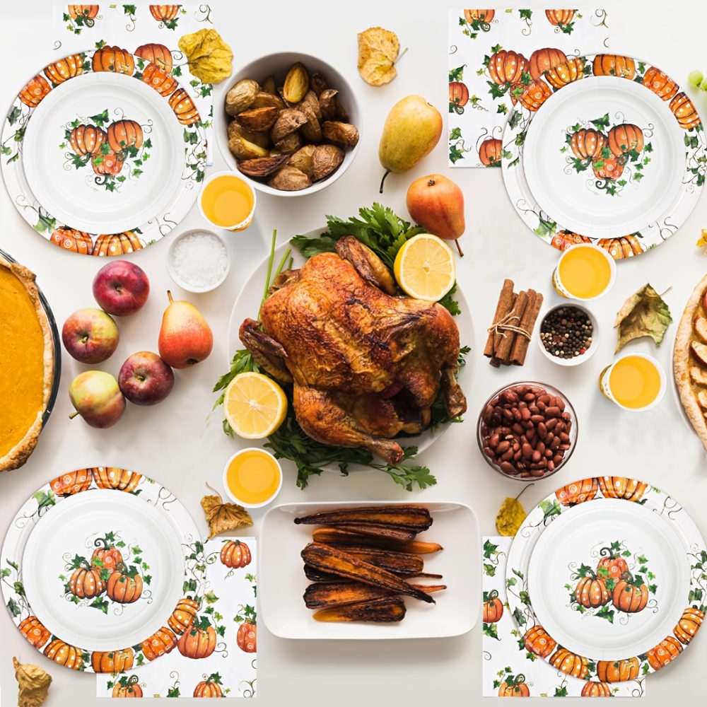 Fall Pumpkin Thanksgiving Autumn Harvest Party Disposable Tableware(60/180/300pcs), Christmas, For Wedding Birthday Celebration, Holiday Party Cartoon Vintage Decoration Set (7in Dessert Plates+9in Dinner Plates+napkins). - Image 3