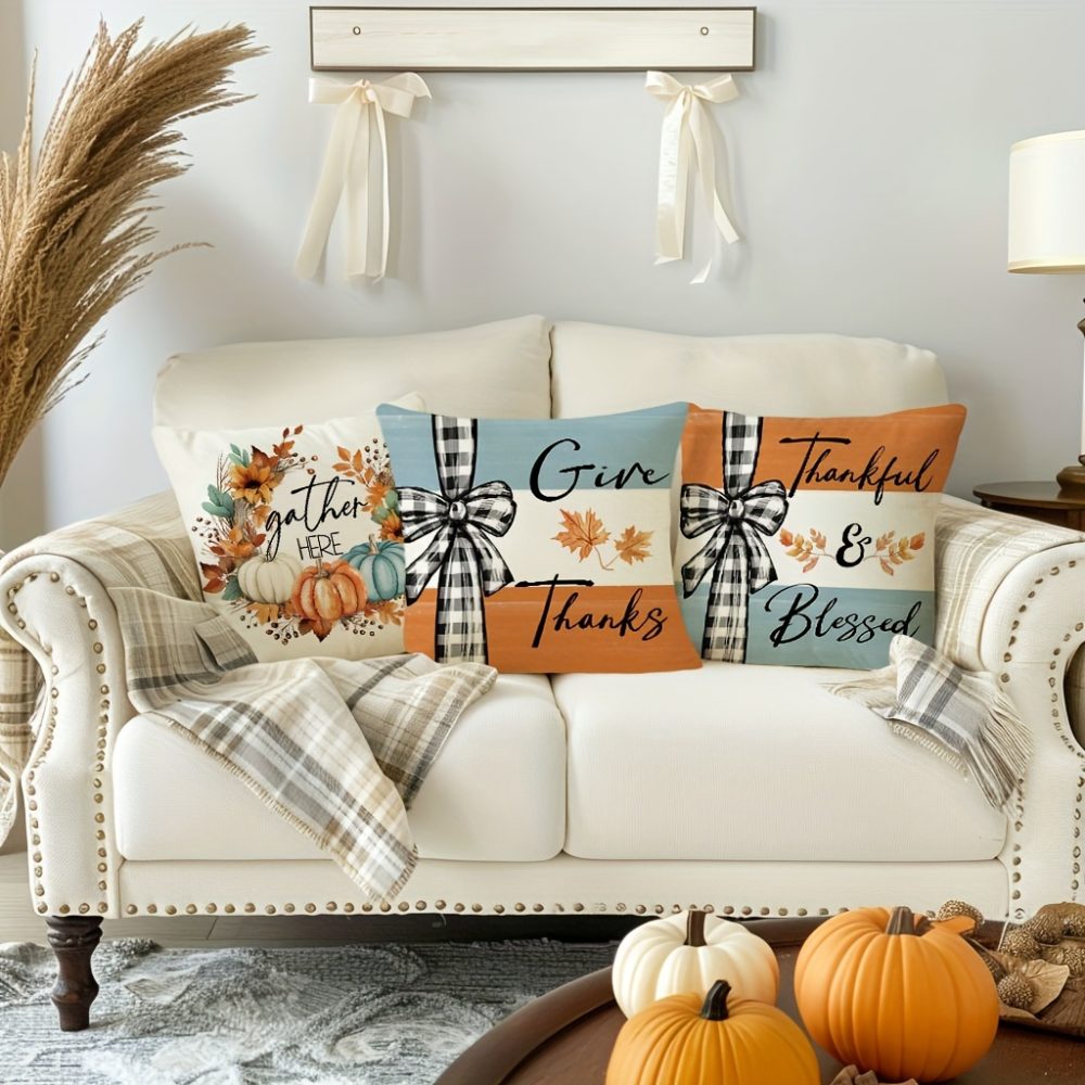 Set Of 4, Farmhouse Style Pumpkin Maple Leaf Throw Pillow Covers, Buffalo Plaid Thankful Blessed Sweet Home Patio Cushion Covers, Autumn Harvest Thanksgiving Day Home Patio Decor Pillowcases, for Indoor Outdoor Living Room Patio Yard Couch Sofa, No Pillow Inserts - Image 7
