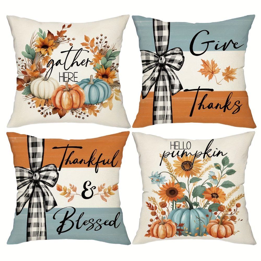 Set Of 4, Farmhouse Style Pumpkin Maple Leaf Throw Pillow Covers, Buffalo Plaid Thankful Blessed Sweet Home Patio Cushion Covers, Autumn Harvest Thanksgiving Day Home Patio Decor Pillowcases, for Indoor Outdoor Living Room Patio Yard Couch Sofa, No Pillow Inserts - Image 2