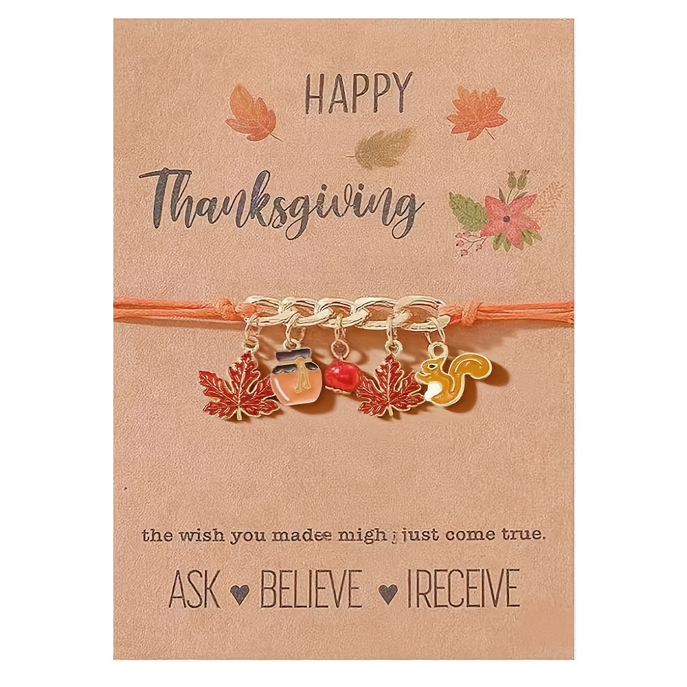 Thanksgiving holiday blessing maple leaf bracelet, cute squirrel honey pot pumpkin pendant bracelet, hand-made greeting card with blessing words, is a gift to celebrate the holiday, for favorite family and friends sisters, Sentimental Keepsake, Festive Jewelry, Whimsical Design, Pumpkin Charm, Detailed Pendant, Durable Charm, Charm Bracelet, Greeting Card Jewelry, Holiday Shoppers, Sisters Jewelry, for Teenager - Image 2