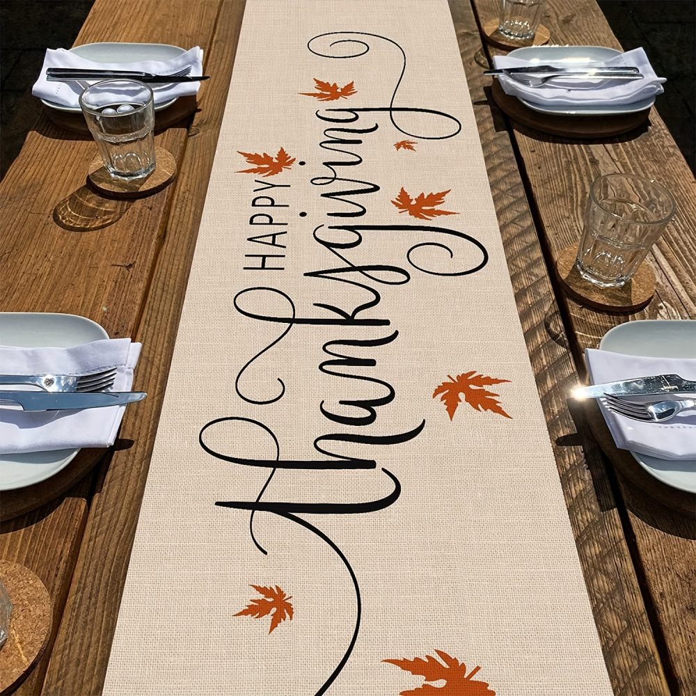 1pc Thanksgiving Linen-Textured Polyester Table Runner with Autumn Maple Leaf Design - Rustic Farmhouse Seasonal Decor for Thanksgiving, Halloween, Mother’s Day, Father’s Day, Independence Day - Durable & Easy-Care Holiday Tablecloth, Thanksgiving Decorations - Image 2