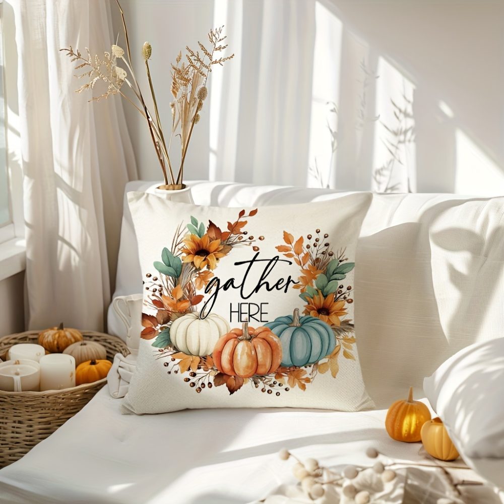 Set Of 4, Farmhouse Style Pumpkin Maple Leaf Throw Pillow Covers, Buffalo Plaid Thankful Blessed Sweet Home Patio Cushion Covers, Autumn Harvest Thanksgiving Day Home Patio Decor Pillowcases, for Indoor Outdoor Living Room Patio Yard Couch Sofa, No Pillow Inserts - Image 5