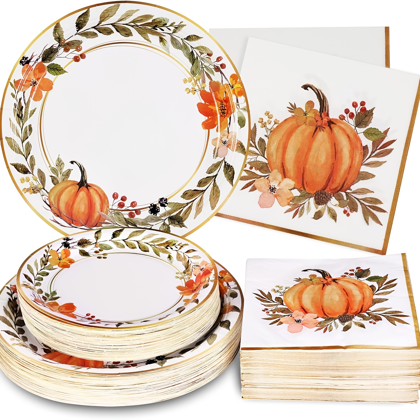 60/180/300pcs Elegant Watercolor Pumpkin Wreath Fall Tableware Set - Autumn Harvest Plates & Napkins in Orange, Brown, Green, Pink, Beige - Bulk Disposable Dinnerware for Thanksgiving, Halloween, Christmas, Weddings, Birthdays, Minimalist Party Decorations (7in & 9in Plates) - Easy Cleanup, Versatile for Casual & Formal Events - Image 12