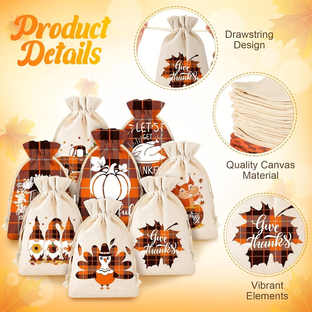 [Autumn Hemp Bags] 18pcs Autumn Hemp Bags, Orange And White Checkered Satin Ribbon Drawstring Bags, Christmas Pumpkin Maple Leaf Linen Jute Gift Bags, Jewelry Bags, Valentine's Day,St. Patrick's Day,Easter,Thanksgiving Day Drawstring Bags Party Favors - Image 5