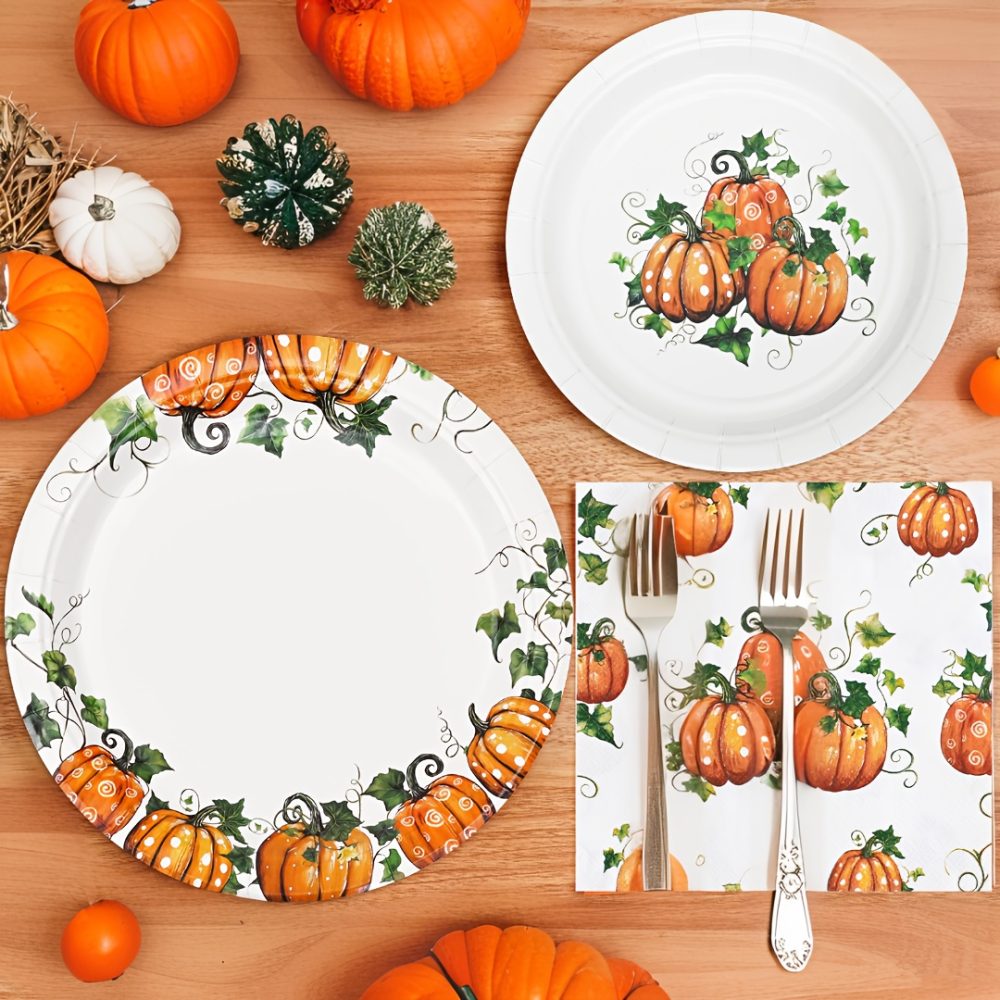 Fall Pumpkin Thanksgiving Autumn Harvest Party Disposable Tableware(60/180/300pcs), Christmas, For Wedding Birthday Celebration, Holiday Party Cartoon Vintage Decoration Set (7in Dessert Plates+9in Dinner Plates+napkins).