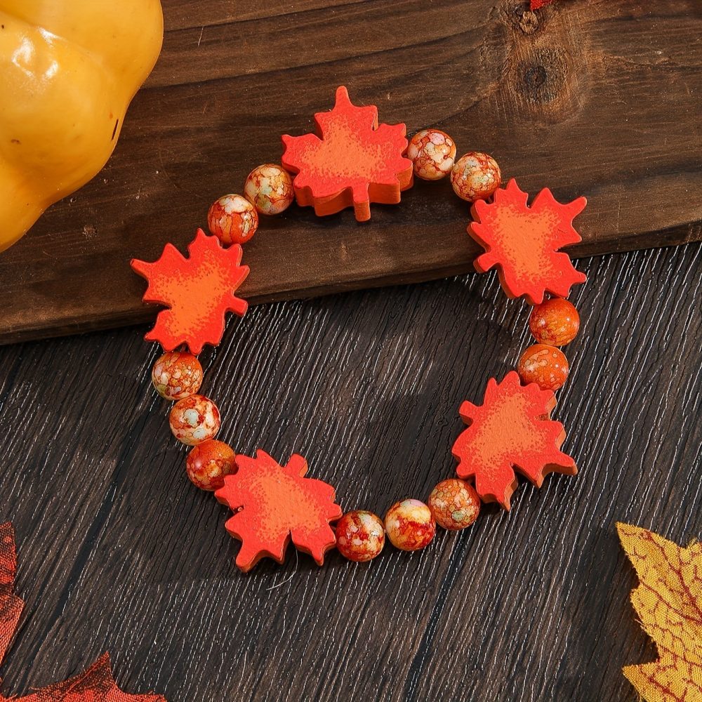 [Thanksgiving|Beaded Bracelet] 1pc Thanksgiving Beaded Bracelet for Women | Handmade Festive Jewelry Gift | Autumn & Winter Maple Leaf Design, Vibrant Accessory - Image 3