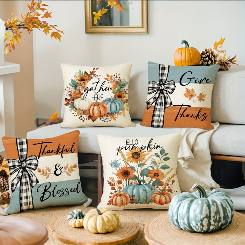 Set Of 4, Farmhouse Style Pumpkin Maple Leaf Throw Pillow Covers, Buffalo Plaid Thankful Blessed Sweet Home Patio Cushion Covers, Autumn Harvest Thanksgiving Day Home Patio Decor Pillowcases, for Indoor Outdoor Living Room Patio Yard Couch Sofa, No Pillow Inserts - Image 3