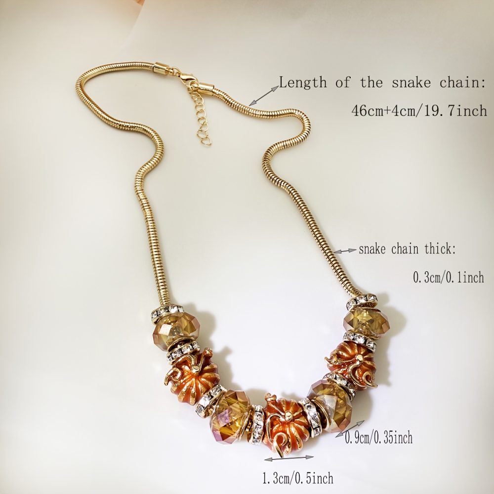 1pc Vintage-Inspired Enamel Pumpkin Beaded Necklace - 18K Golden Plated, Orange & White Glass Beads, Perfect for Thanksgiving & Holiday Parties, Ideal Gift for Women, Festive Accessory|Vintageinspired Design|Zinc Alloy Necklace - Image 4