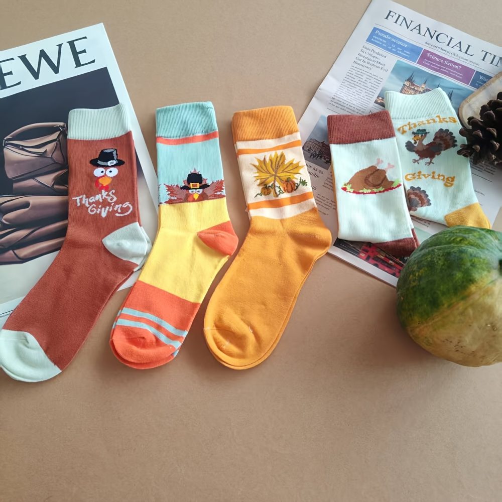 10 Pairs/5 Pairs Halloween Thanksgiving Turkey Pumpkin Socks - Unisex Mid-Calf Socks with Festive Animal & Food Patterns (Pumpkins, Turkeys, Pine Trees) - Soft Breathable Polyester for Men & Women - Perfect Gift for Halloween & Thanksgiving, Holiday Socks | Playful Holiday Design | Durable Socks, Halloween Decorations - Image 8