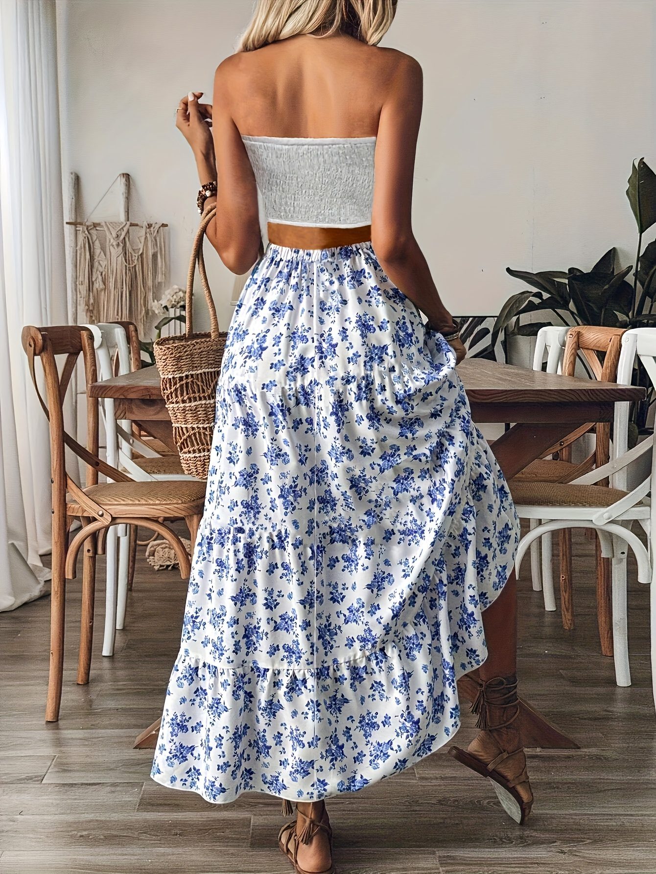 Women'S Elegant Floral Print Maxi Skirt - Blue & White Beach Vacation Skirt with Elastic Waist, Flowy Long Length, Machine Washable for Spring/Summer Casual Outfits, Summer Beachwear | Nontransparent Fabric - Image 2