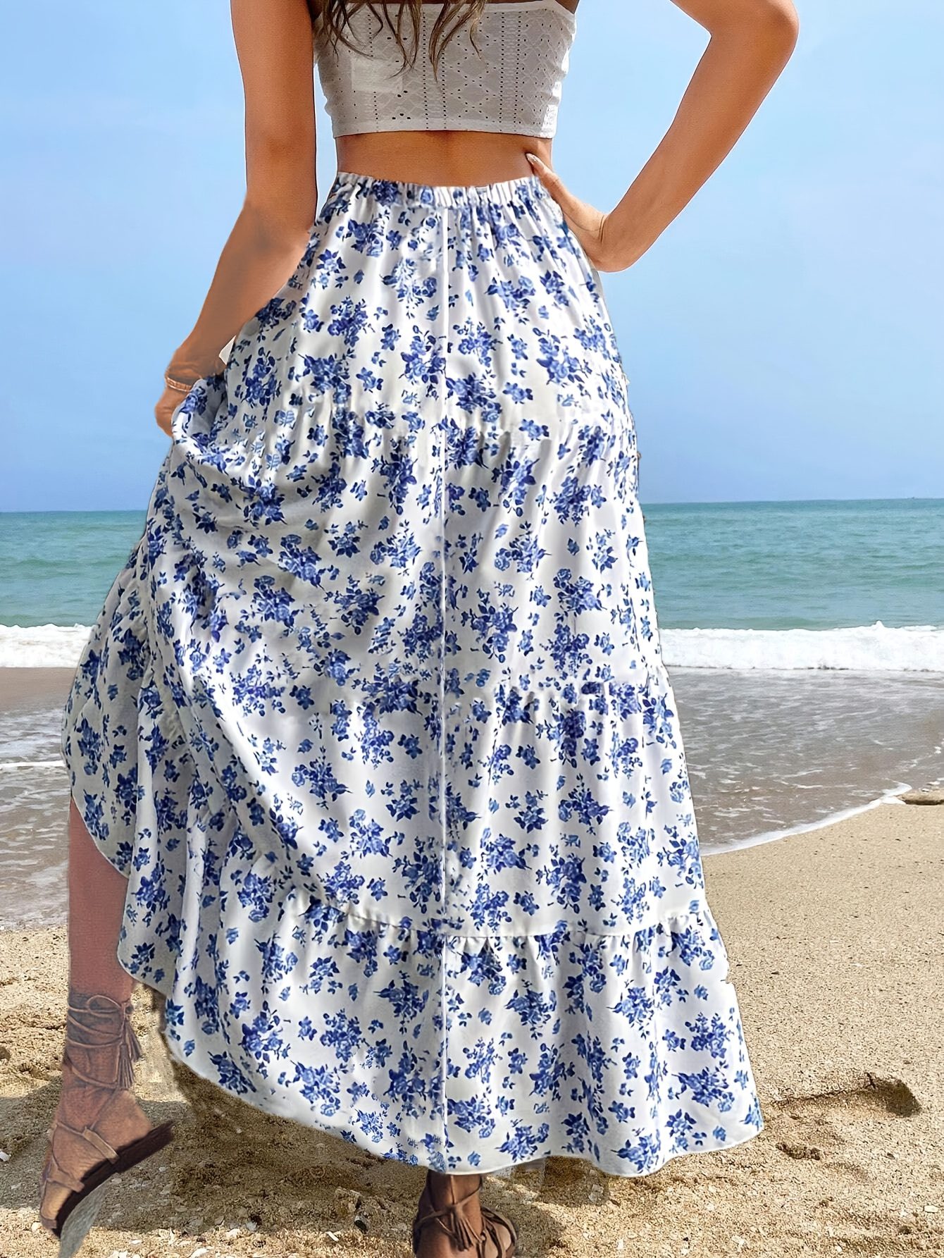 Women'S Elegant Floral Print Maxi Skirt - Blue & White Beach Vacation Skirt with Elastic Waist, Flowy Long Length, Machine Washable for Spring/Summer Casual Outfits, Summer Beachwear | Nontransparent Fabric - Image 4