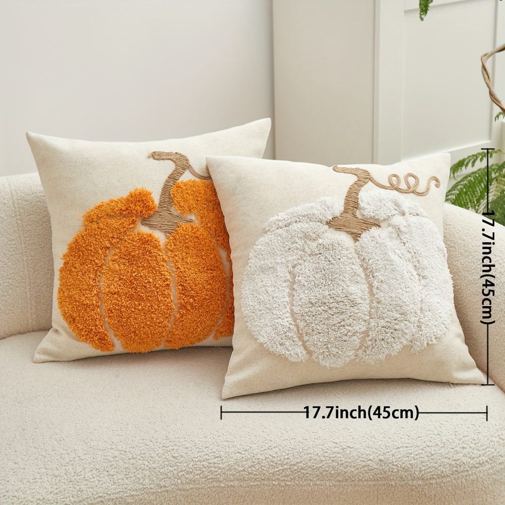 Traditional Pumpkin Embroidery Chenille Throw Pillow Cover, Thanksgiving Decorative Cushion Case with Zipper, Spot-Clean Only, Woven Polyester & Linen Blend, Fits Various Room Types - 1pc - Image 4