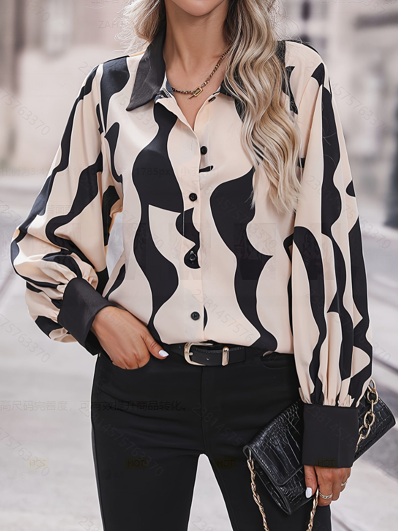 ZAFUL Women's Elegant Contrast Color Block Long Sleeve Shirt - Relaxed Fit Button- Blouse with Modern Artistic Print, Soft Non-Stretch Fabric, Machine Washable for Office, Business & Social Events, Elegant Long Sleeve Button Blouses, Seasonal Fashion Top, Office Attire Blouse, Sophisticated Casual Wear, Smooth Texture Top, Highquality Material, Stylish Top, Professional Women - Image 2