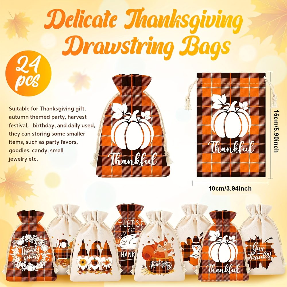 [Autumn Hemp Bags] 18pcs Autumn Hemp Bags, Orange And White Checkered Satin Ribbon Drawstring Bags, Christmas Pumpkin Maple Leaf Linen Jute Gift Bags, Jewelry Bags, Valentine's Day,St. Patrick's Day,Easter,Thanksgiving Day Drawstring Bags Party Favors - Image 2