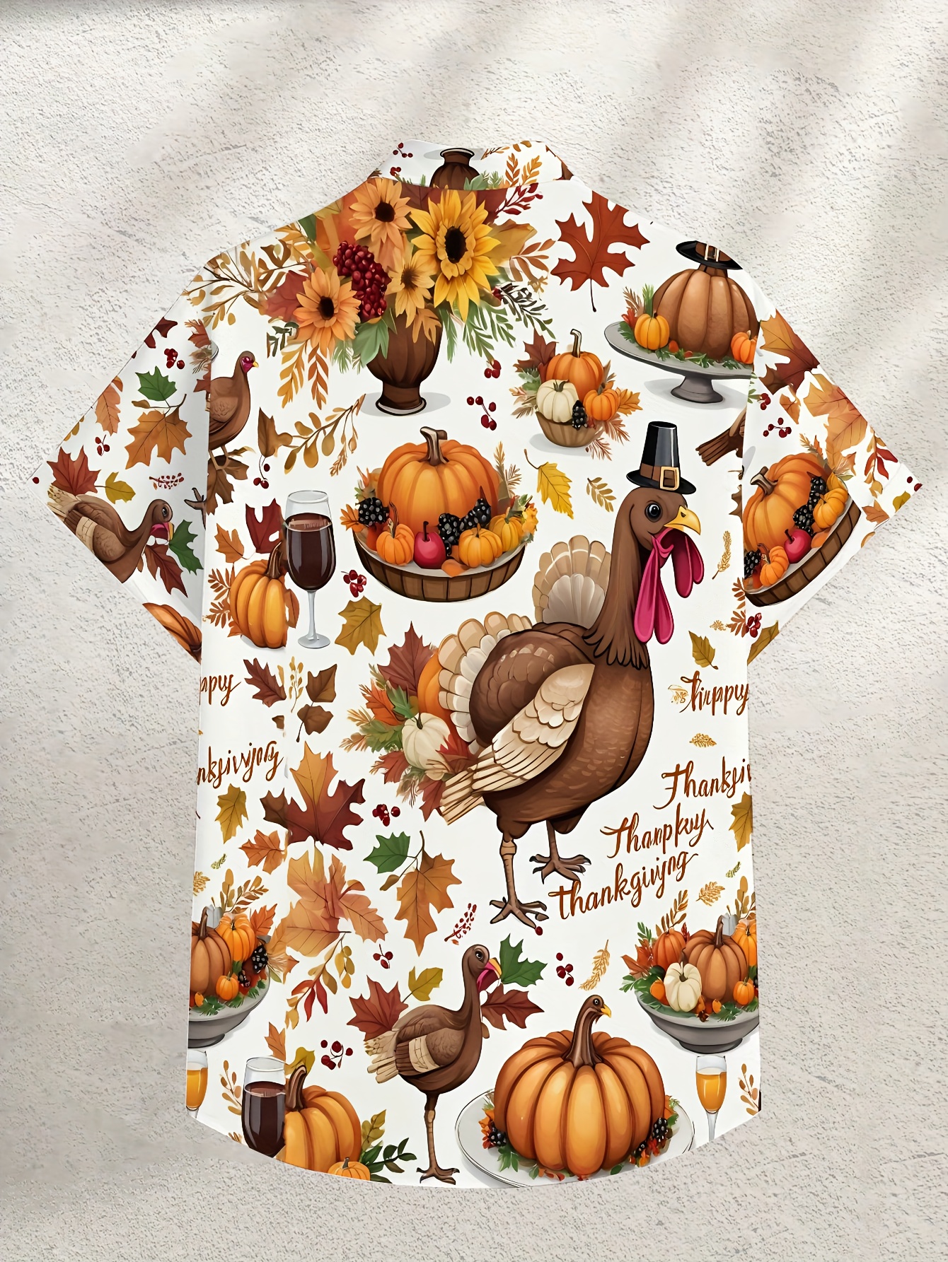 Men's Plus Size Turkey Pumpkin Maple Leaf Thanksgiving Print Short Sleeve Shirt, Vintage and Festive, Holiday Celebration Apparel, Casual Casual Attire, Suitable for Thanksgiving Theme Party Outfits, Machine Washable and Giftable, PLUS SIZE, Festive - Image 7