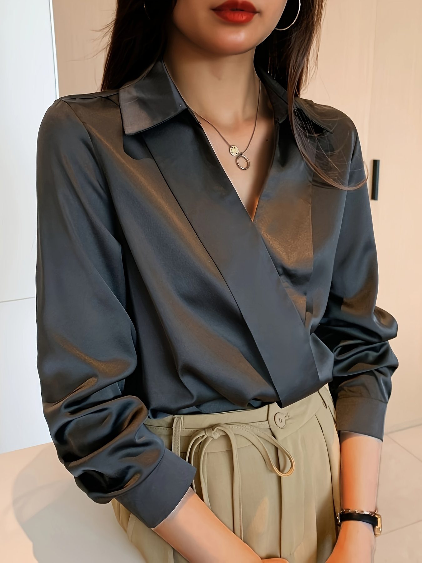Design Style Temperament V-neck Shirt. Slim And Classic Cut. Effortless, Minimalist Style Women'S Shirts Are Perfect For Every Occasion - Image 9