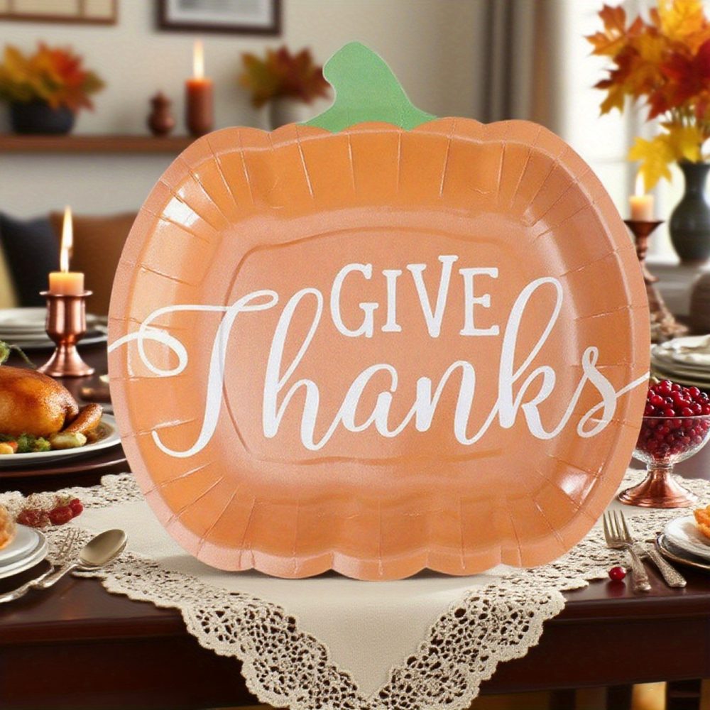 25pcs Pumpkin Plates - Thanksgiving Dinner Party Tableware with Pumpkin Shape, "Thanksgiving" Text - Heavy Duty Disposable Plates for Harvest Decorations, Pumpkin Pie - Food Safe Paper Plates (25 Count) - Easy Cleanup for Family Gatherings & Autumn Events - Image 4