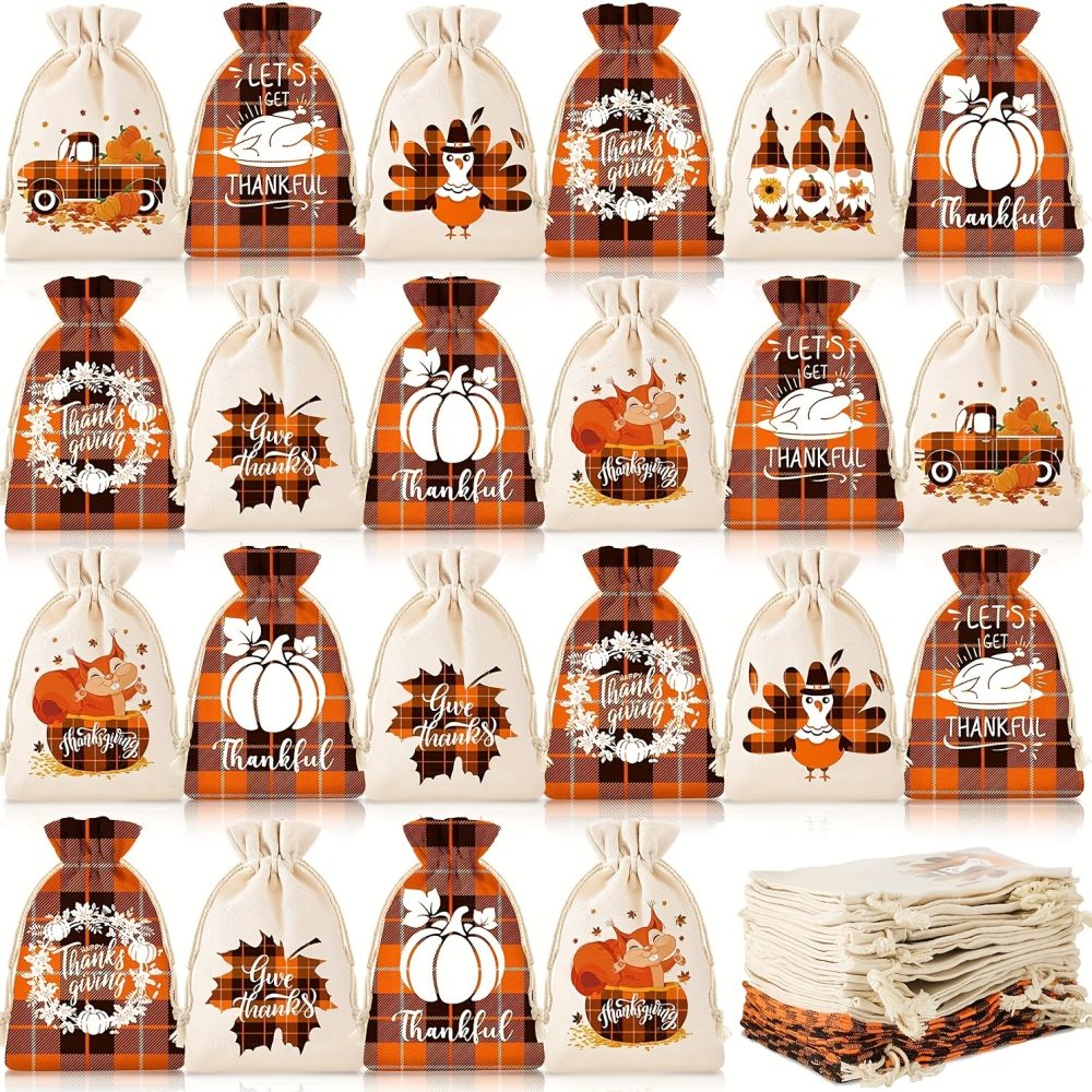 [Autumn Hemp Bags] 18pcs Autumn Hemp Bags, Orange And White Checkered Satin Ribbon Drawstring Bags, Christmas Pumpkin Maple Leaf Linen Jute Gift Bags, Jewelry Bags, Valentine's Day,St. Patrick's Day,Easter,Thanksgiving Day Drawstring Bags Party Favors