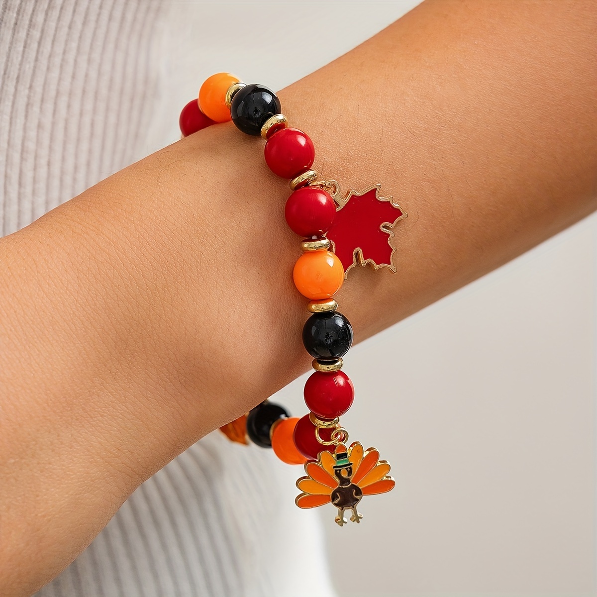 Elegant Vintage-Inspired Maple Leaf & Pumpkin Beaded Bracelet - Perfect Thanksgiving Gift for Her - Image 2