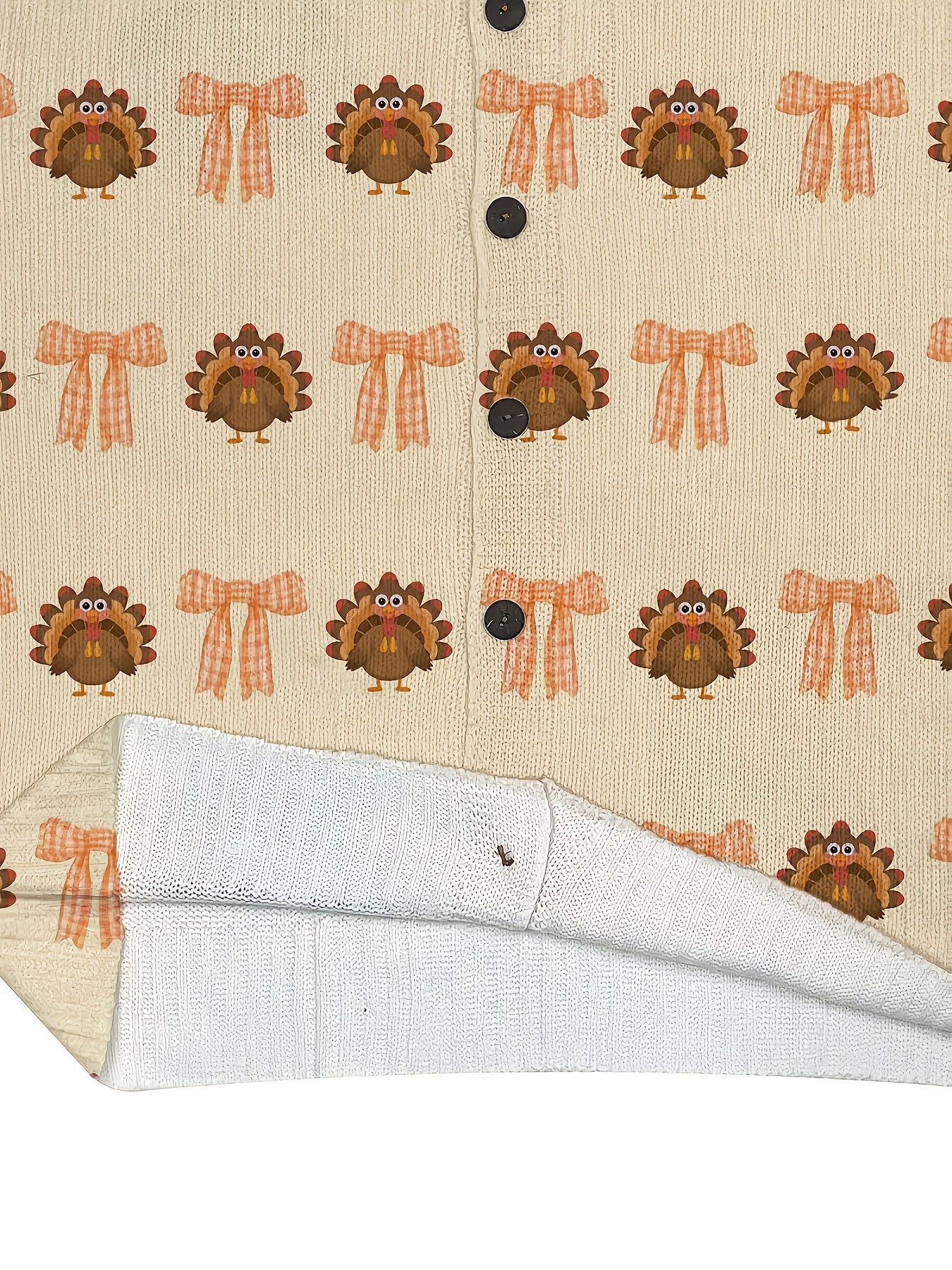 Women's Soft Cardigan Sweater - Long Sleeve Button Front Closure, Loose Fit H-Line Silhouette with 3D Turkey & Checkered Bow Print - Beige//Orange/Brown Fall Thanksgiving Outfits - Machine Washable Sweater for Women, Cute Sweater, Winter Cardigan for Women High Quality, Cardigan with Design, Sweatshirts for Women, Women Sweaters - Image 5