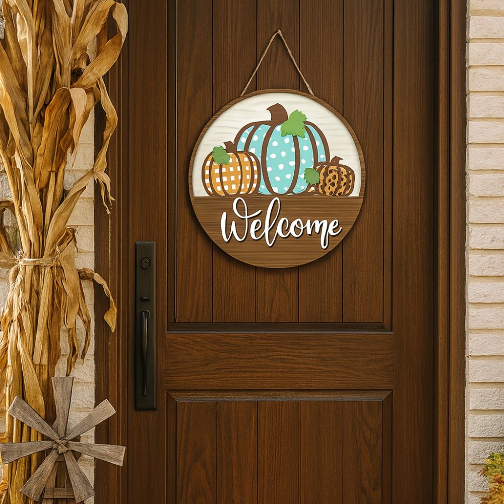 Fall Welcome Sign - Pumpkin & Maple Leaf Door Hanging Decor with Welcome Message - Farmhouse Thanksgiving Decoration - Artificial Wood Indoor/Outdoor Decoration - No Electricity Needed - Housewarming Gift for Front Door, Porch, Home - Autumn Harvest Decorations, Seasonal Home Accents, Rustic Charm, Handcrafted Look, Holiday Ornament, Holiday Shoppers, Fall Florals - Image 5