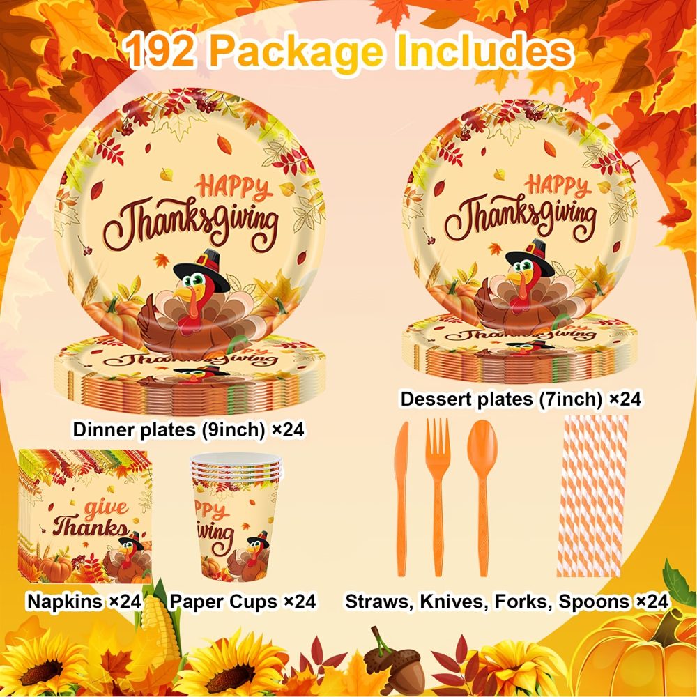 192pcs Thanksgiving Party Plates And Napkins Autumn Harvest Tableware Set Thanksgiving Disposable Plates Pumpkin Maple Leaves Paper Plates Napkins Forks Set for 24 Guests - Image 4