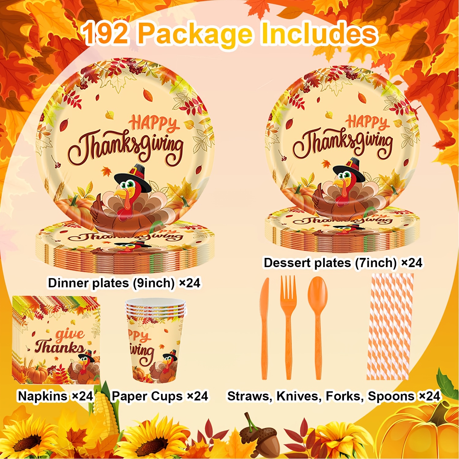 192pcs Thanksgiving Party Plates And Napkins Autumn Harvest Tableware Set Thanksgiving Disposable Plates Pumpkin Maple Leaves Paper Plates Napkins Forks Set for 24 Guests - Image 4