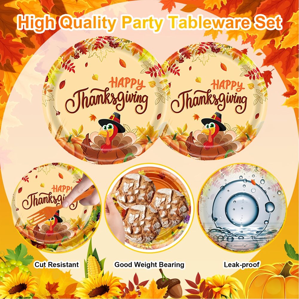 192pcs Thanksgiving Party Plates And Napkins Autumn Harvest Tableware Set Thanksgiving Disposable Plates Pumpkin Maple Leaves Paper Plates Napkins Forks Set for 24 Guests - Image 3