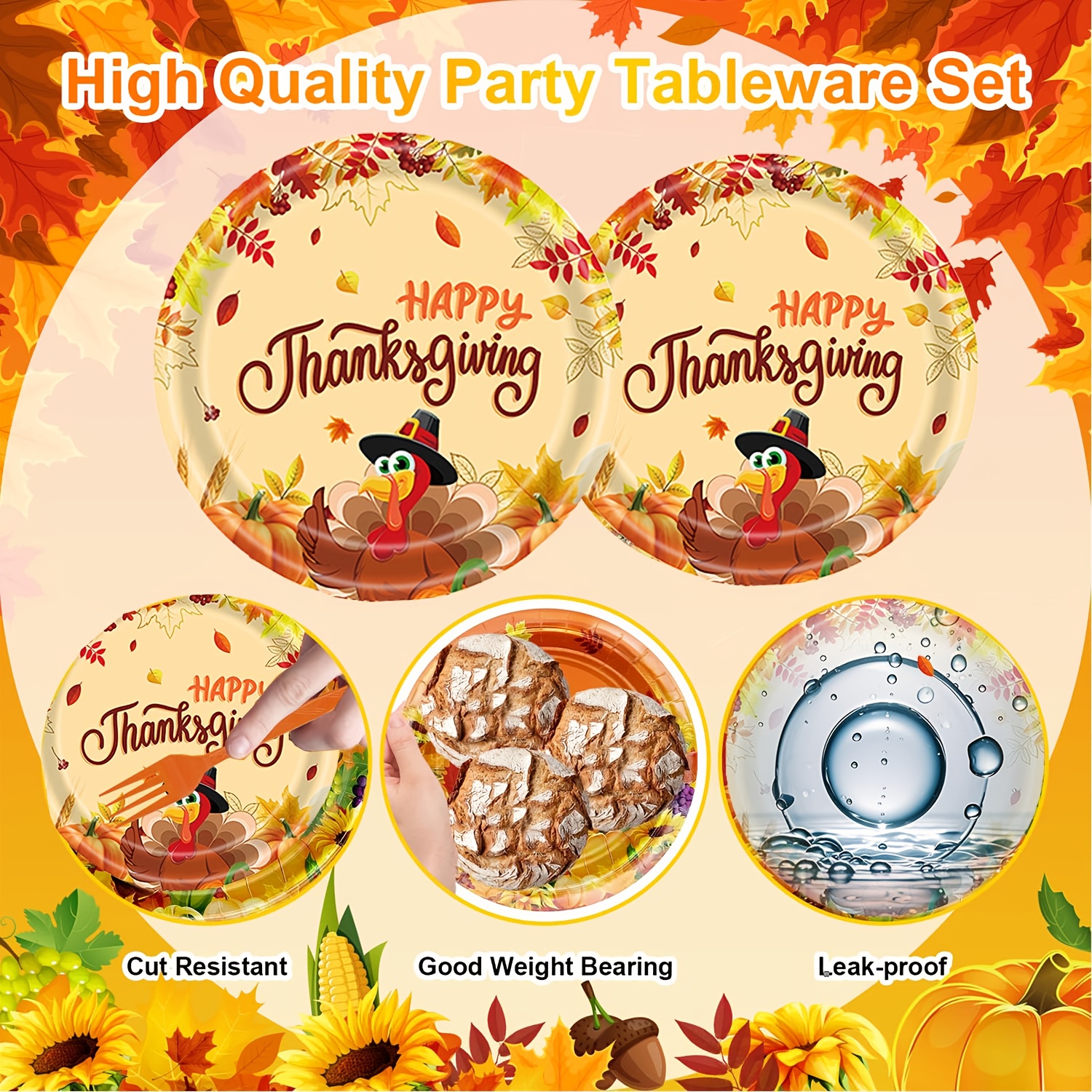 192pcs Thanksgiving Party Plates And Napkins Autumn Harvest Tableware Set Thanksgiving Disposable Plates Pumpkin Maple Leaves Paper Plates Napkins Forks Set for 24 Guests - Image 3