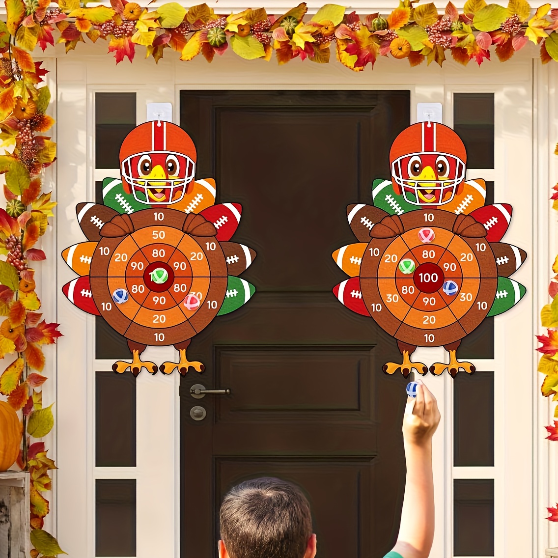 2pcs Thanksgiving Turkey Dart Board Game Set with 6 Sticky Balls & 2 Hooks - Party Game with Numbered Scoring Zones, Indoor/Outdoor Family Party Game for Adults &, Fall Turkey Bowl Party Decorations, Durable Fabric Board with Hanging Hooks for Easy - Image 5