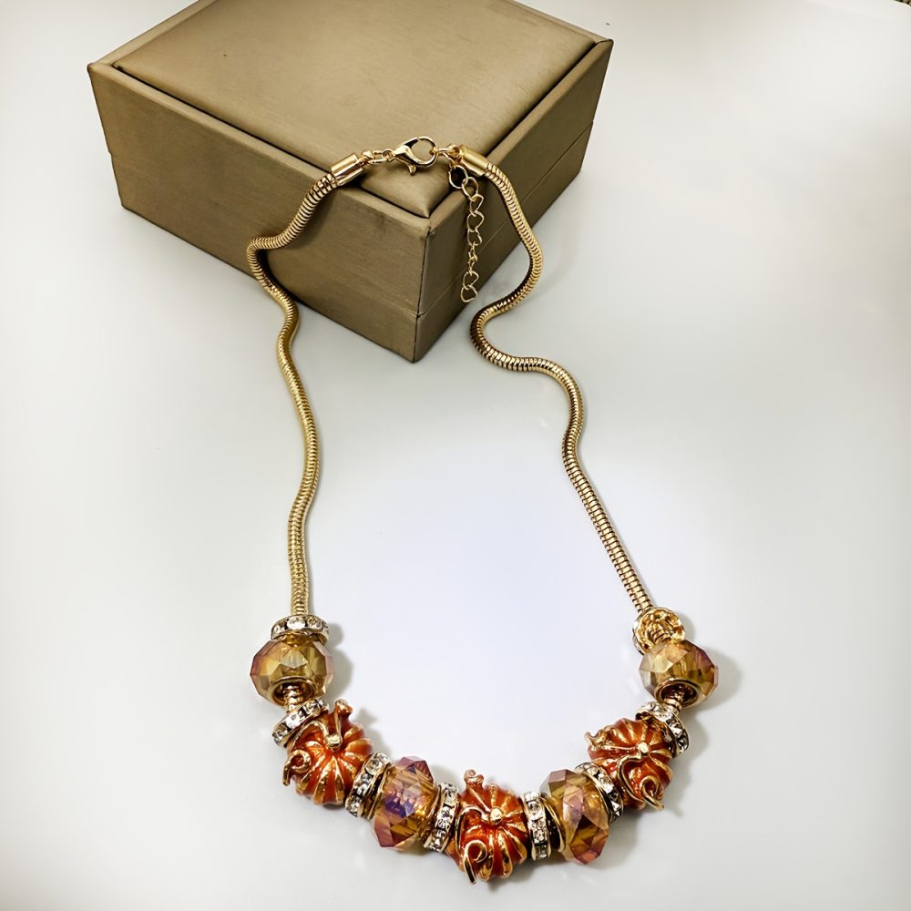 1pc Vintage-Inspired Enamel Pumpkin Beaded Necklace - 18K Golden Plated, Orange & White Glass Beads, Perfect for Thanksgiving & Holiday Parties, Ideal Gift for Women, Festive Accessory|Vintageinspired Design|Zinc Alloy Necklace - Image 6