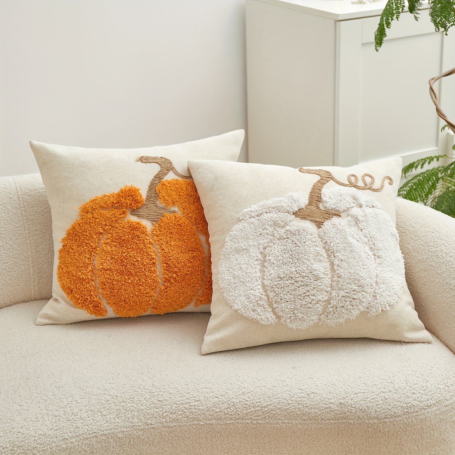Traditional Pumpkin Embroidery Chenille Throw Pillow Cover, Thanksgiving Decorative Cushion Case with Zipper, Spot-Clean Only, Woven Polyester & Linen Blend, Fits Various Room Types - 1pc - Image 2