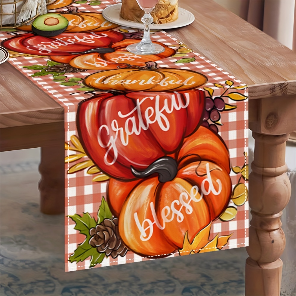 Extra Long Thanksgiving Table Runner - Farmhouse Fall Decor with "Thankful" & "Blessed" in Elegant Cursive Lettering, Orange & Brown Pumpkin Checkered Pattern - Image 2